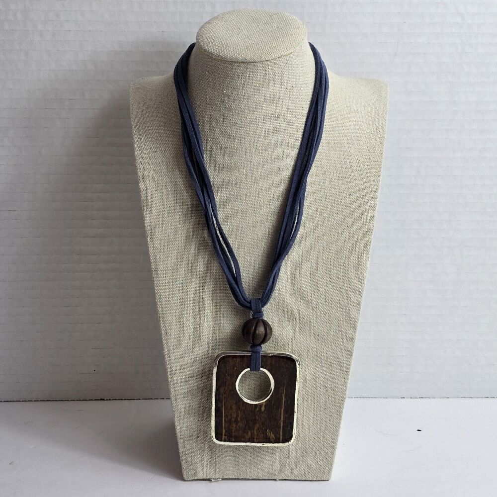 Wood Silver Tone Metal Reversible Pendant Necklace Blue Leather Coldwater Creek